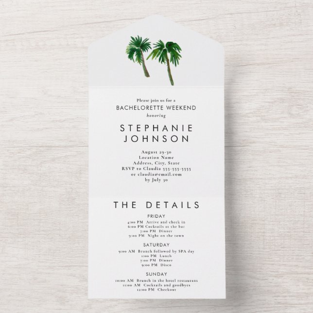 Tropische Palmen Bachelorette All In One Einladung (Innen)