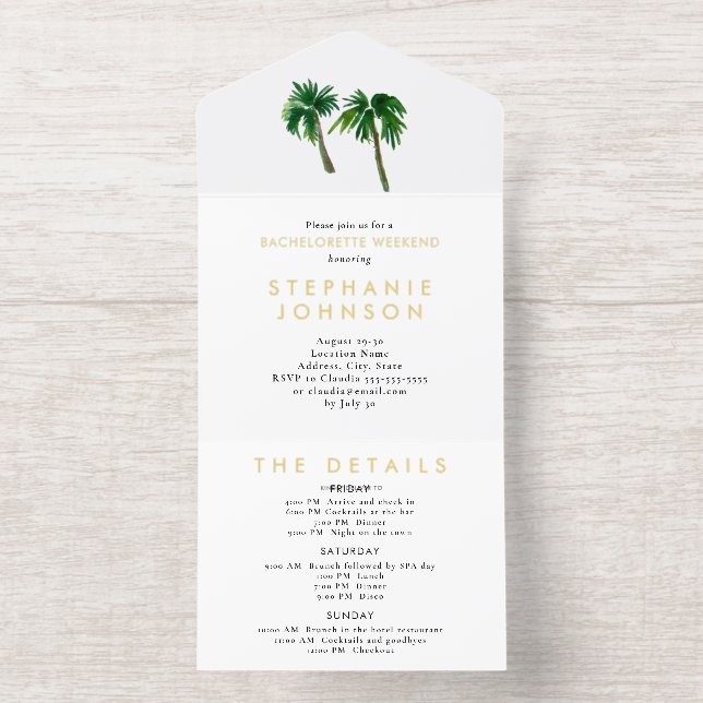 Tropische Palmen Bachelorette All-in-One-Einladung (Innenseite)