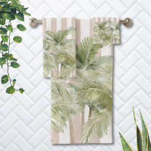 Tropische Palmen Bäume Beige Streifen Strandhaus Badhandtuch Set