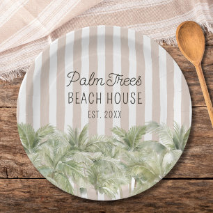 Tropische Palmen Bäume Beige Streifen Strandhaus Pappteller