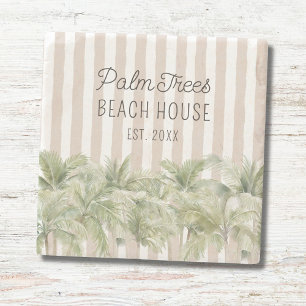Tropische Palmen Bäume Beige Streifen Strandhaus Steinuntersetzer