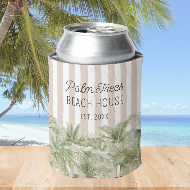 Tropische Palmen, Beige Streifen Beach House Dosenkühler (In situ)
