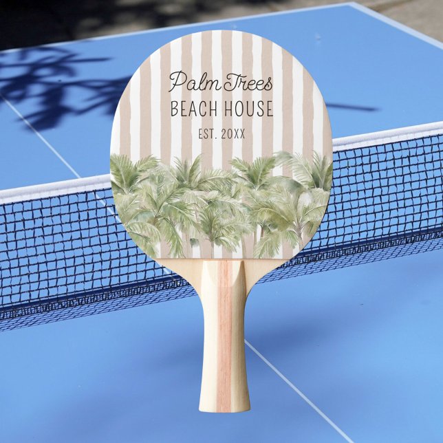 Tropische Palmen, Beige Streifen Beach House Tischtennis Schläger (In situ)
