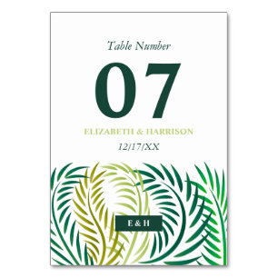 Tropische Palmen-Blätter, Hochzeiten am Strand Tischnummer