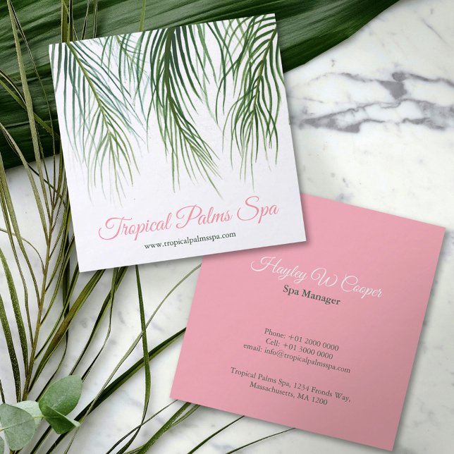 Tropische Palmen dunkelgrüne und rosa Aquarellkuns Quadratische Visitenkarte (Von Creator hochgeladen)