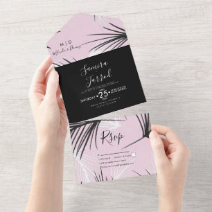 Tropische Palmen-Hochzeit handgezeichnet Pink All In One Einladung