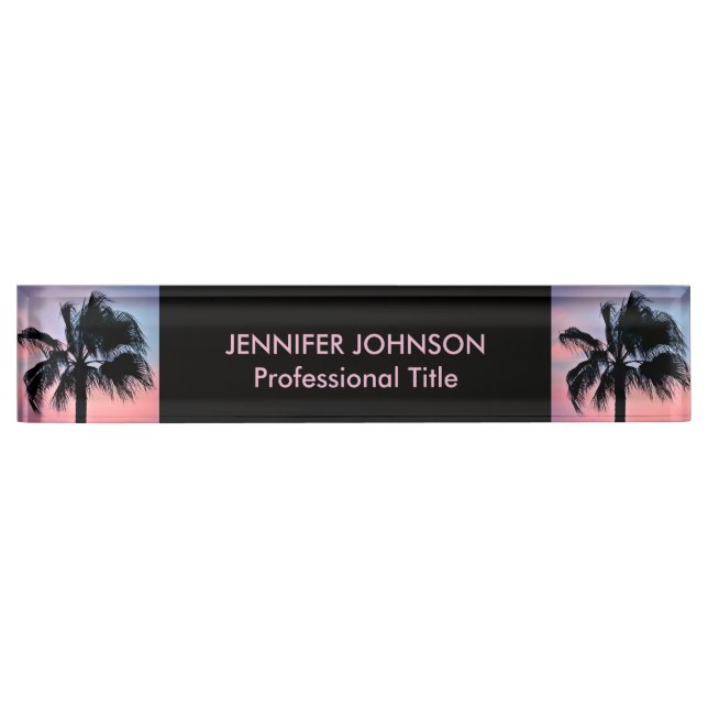 Tropische Palmen im Sonnenuntergang Namensplakette (Vorderseite)