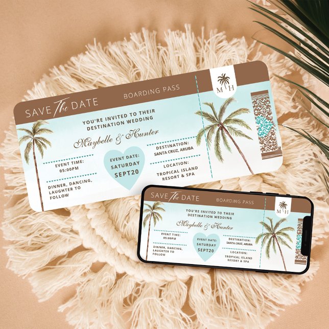 Tropische Palmen Save the Date Boarding Pass Einladung (Tropical Palm Trees Save The Date Boarding Pass Invitation)