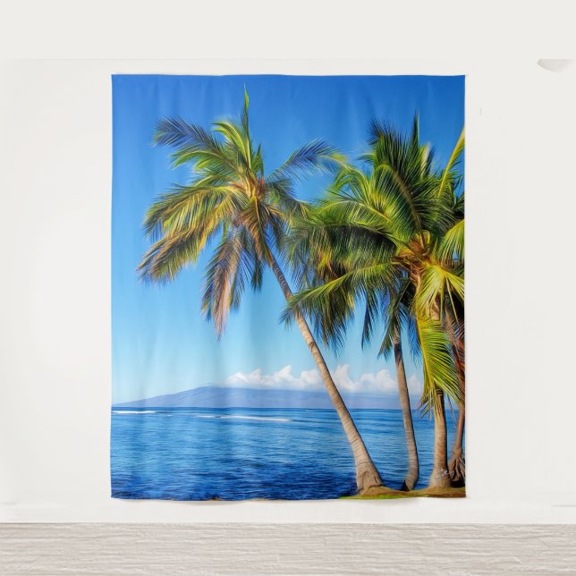 Tropische Palmen und Molokini aus Maui Hawaii Wandteppich (Vorderseite)