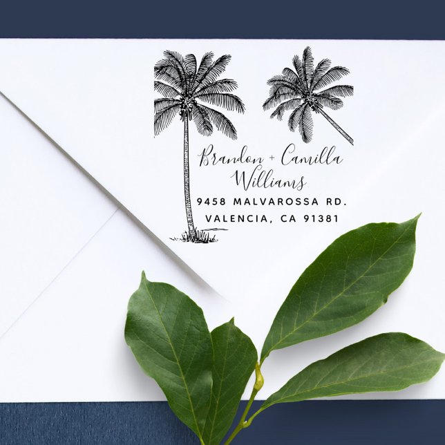 Tropische Palmen Verheiratete Rücksendeadresse Permastempel (elegant handwriting tropical palm tree married couple return address stamp)