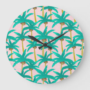 Tropische Palmen: Wasserfarbenes Sommermuster Große Wanduhr