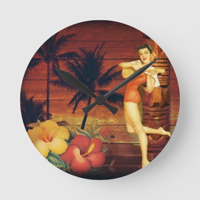 Tropische Palmenbaum Totem Pol hawaiian Girl aloha Runde Wanduhr (Vorderseite)