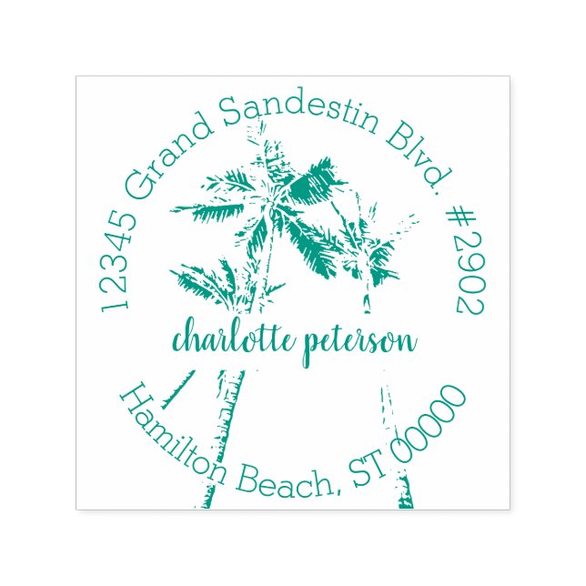 Tropische Palmenbäume handgeschriebene Rücksendead Permastempel (Design)