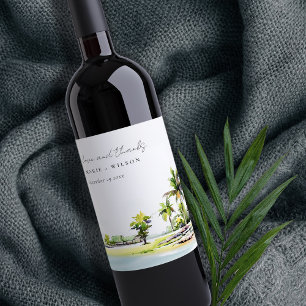 Tropische Palmenbäume Wasserfarbenhochzeit Weinetikett