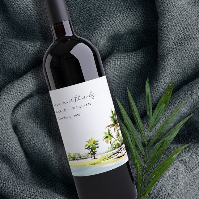 Tropische Palmenbäume Wasserfarbenhochzeit Weinetikett (Von Creator hochgeladen)