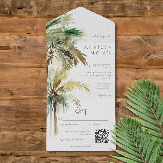 Tropische Palmenbaumen Moderner QR-Code All In One Einladung (Tropical Palm Trees Modern All in One Wedding Invitation with QR Code)