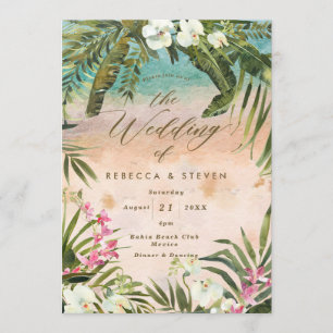 tropische Palmenblatt-Strand-Ziel-Hochzeit Einladung