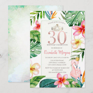 Tropische Palmenblätter Blumen Rosa Flamingo 30. Einladung
