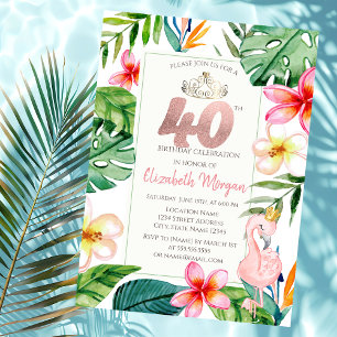 Tropische Palmenblätter Blumen Rosa Flamingo 40. Einladung