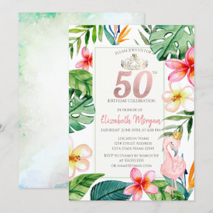 Tropische Palmenblätter Blumen Rosa Flamingo 50er Einladung