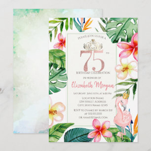 Tropische Palmenblätter Blumen Rosa Flamingo 75. Einladung
