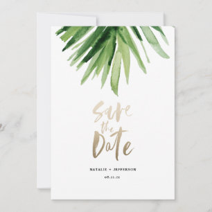 Tropische Palmenblätter und Goldschrift Save The Date