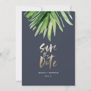 Tropische Palmenblätter und Goldschrift Save The Date