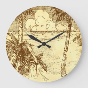 Tropische Palmenstrand-Ätzuhr Ohne Zahlen Große Wanduhr
