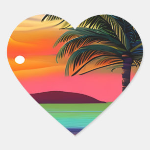Tropische Palmsteine und Sonnenuntergänge Herz-Aufkleber