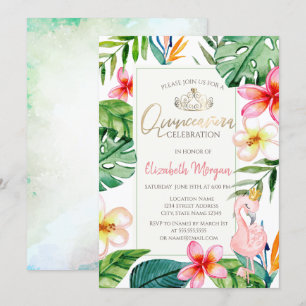 Tropische Palmwedel Blumen Rosa Flamingo Einladung