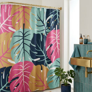 Tropische Palmwedel in Rosa & Blau Botanisch Duschvorhang