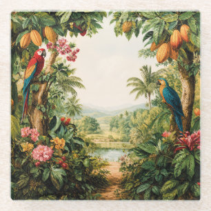 Tropische Papageien Kakaoblüten Aquarell Glasuntersetzer