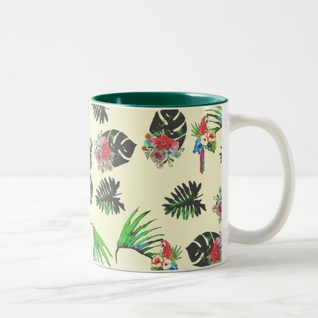 Tropische Papageien und Blumenmuster Zweifarbige Tasse (Rechts)