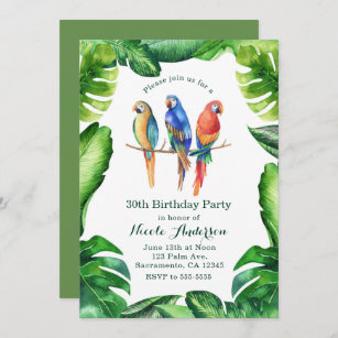 Tropische Papageien Vögel & Blätter Party Einladun Einladung