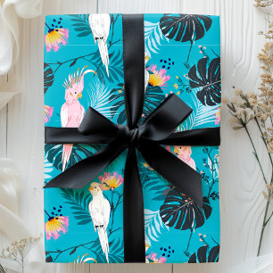 Tropische Papageienvögel Palmwedel Blaues Muster Geschenkpapier