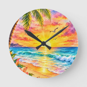 Tropische Paradies-Sonnenuntergang-Aquarell-Strand Runde Wanduhr