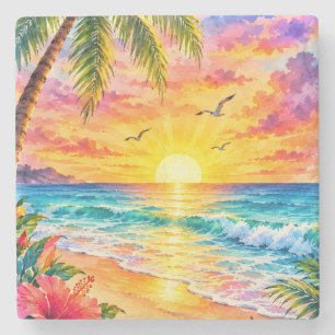 Tropische Paradies-Sonnenuntergang-Aquarell-Strand Steinuntersetzer