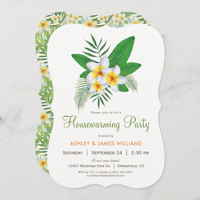 Tropische Party Einladung Plumeria Housewarming (Vorne/Hinten)