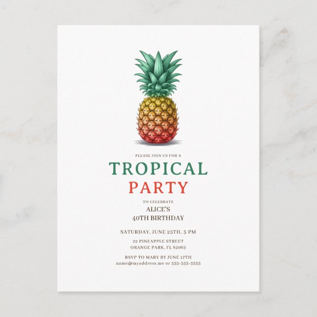Tropische Party mit retro-Pineapple-Einladung Postkarte (Vorderseite)
