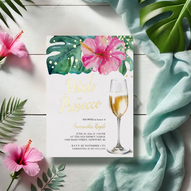 Tropische Petalen und Prosecco-Brautparty Folieneinladung (bridal shower invitations tropical pink flowers gold foil brunch invitations)