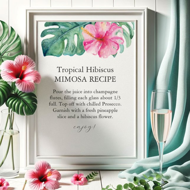 Tropische Petalen und Prosecco-Mimosa-Zeichen Poster (Custom petals and prosecco sign tropical pink hibiscus flower art by Victoria Grigaliunas)