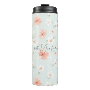 Tropische Pfirsich Weiße Hibiskusblüten Thermosbecher
