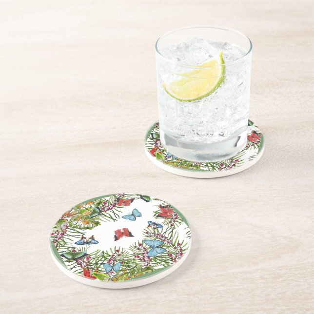 Tropische Pflanze Schmetterlinge Berries Red Blue Getränkeuntersetzer (Seite)