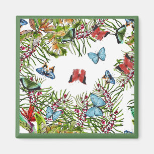 Tropische Pflanze Schmetterlinge Berries Red Blue Magnet