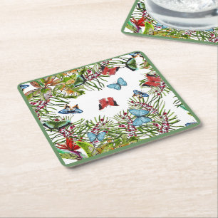 Tropische Pflanze Schmetterlinge Berries Red Blue Rechteckiger Pappuntersetzer