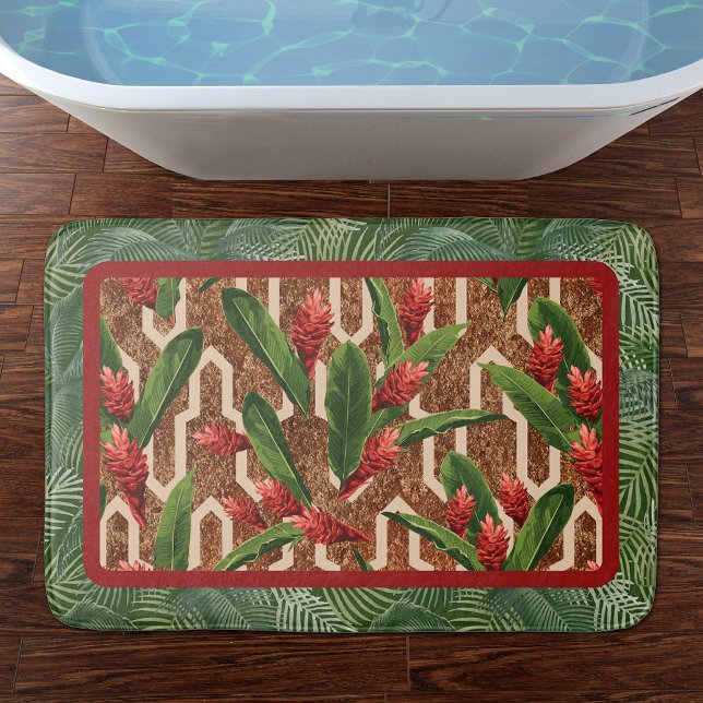 Tropische Pflanze und Muster Badematte (Tropical Plants and Palms Geometric Pattern Bath Mat)