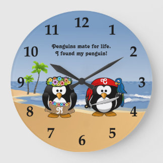 Tropische Pinguine Couple Hula Pirate Island Beach Große Wanduhr