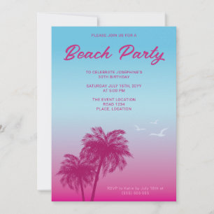 Tropische Pink Blaue Strandparty Palmen Geburtstag Einladung