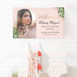 Tropische Pink-Gold-Arch-Foto-Graduierungsparty Banner