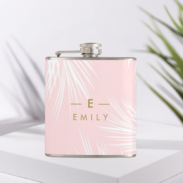 Tropische Pink Wange, Geschenk Brautjungfer Flachmann (Flasque personnalisée demoiselle d'honneur, motif feuilles tropicales et prénom)